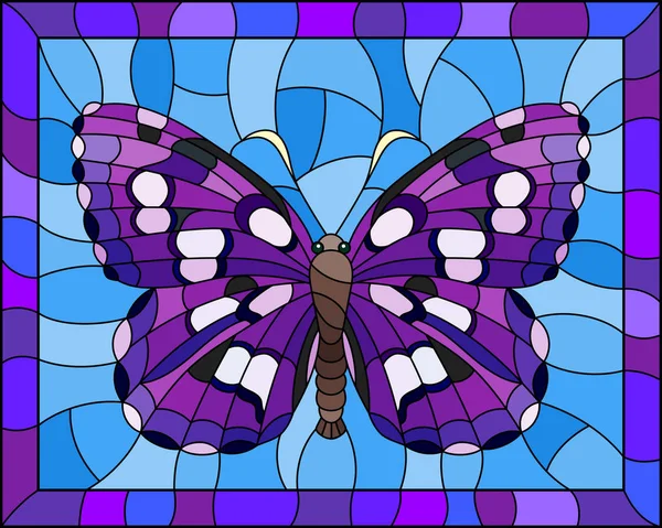 Иллюстрация Витражном Стиле Ярко Фиолетовой Бабочкой Ястреба Синем Фоне Яркой — стоковый вектор