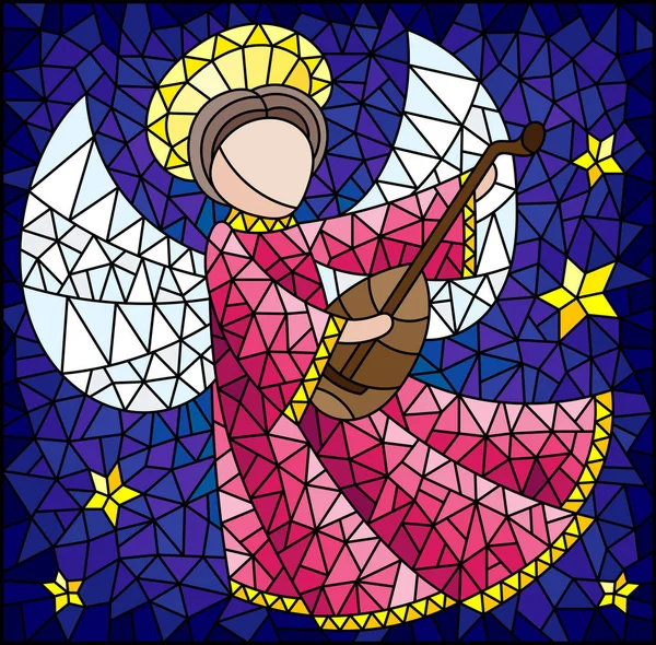 Obrázek Stylu Vitrážové Okno Abstraktní Anděl Růžové Šaty Loutna Rukou — Stockový vektor