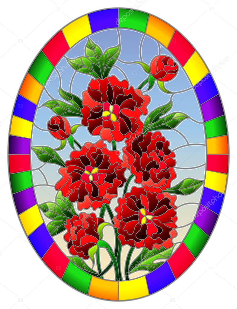 Illustration in stained glass style with a bouquet of red peonies on a blue sky background in a bright frame, oval image