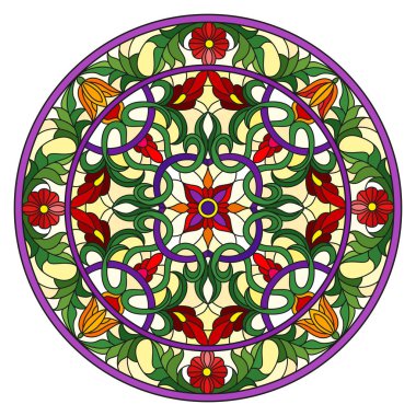 Renkli cam tarzında resim, çiçek süsleri ve girdaplı yuvarlak ayna görüntüsü, sarı arkaplanda parlak çiçekler.