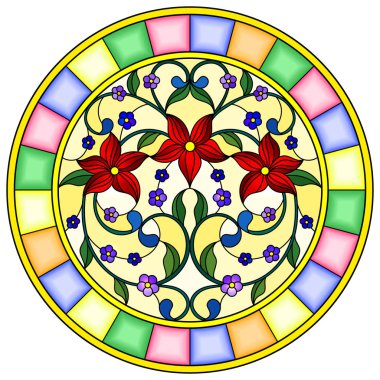 Vitray tarz ile soyutlama kırmızı çiçek ve yaprakları parlak bir çerçeve içinde sarı bir arka plan üzerinde resimde