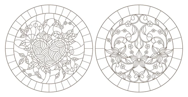 带花和心的彩色玻璃的等值线插图 框架中的圆形图像 白色背景上的深色轮廓 — 图库矢量图片