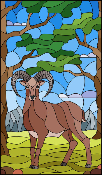 Illustration in stained glass style with wild RAM on the background of trees, mountains and sky