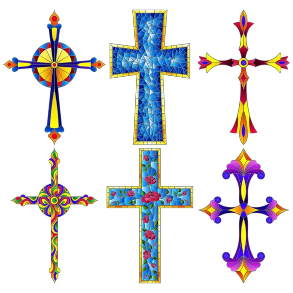 Illustrations Stained Glass Style Set Christian Cross — Stock Vector