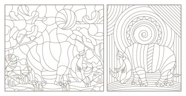 Gergedanlar, beyaz bir arka plan üzerinde koyu konturlar ile Windows vitray kontur resimler ayarla