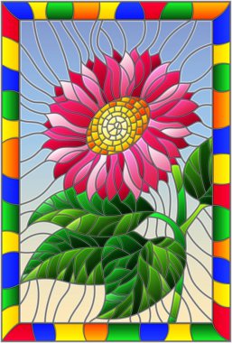 Vitray stil parlak pembe çiçekli resimde tomurcukları ve bir çerçeve içinde mavi bir arka plan üzerinde bırakır