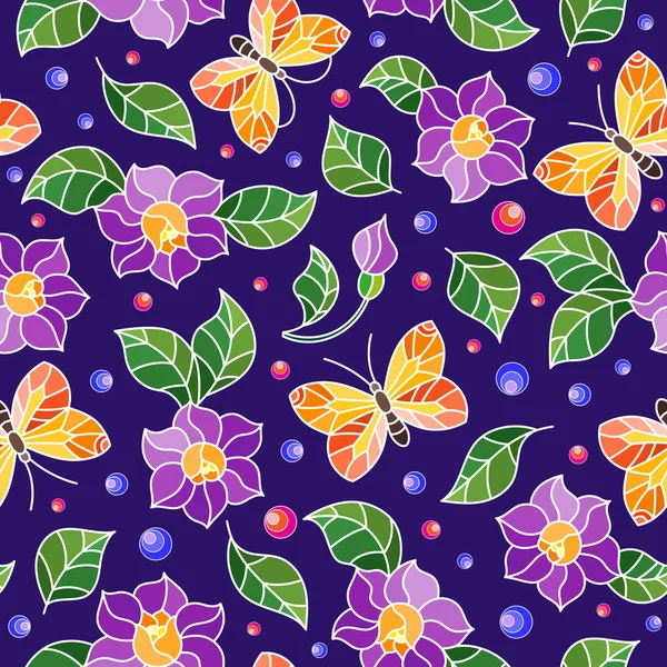 Motif Vif Sans Couture Avec Des Fleurs Violettes Papillon Orange — Image vectorielle
