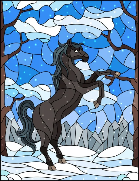 Illustration Glasmalereistil Mit Wildpferd Vor Dem Hintergrund Von Bäumen Bergen — Stockvektor