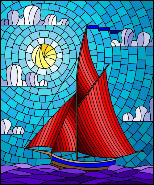 Ілюстрація Вітражному Стилі Кораблем Пливе Червоними Вітрилами Море Сонце Небо — стоковий вектор