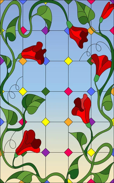 Illustration Style Vitrail Avec Des Fleurs Des Feuilles Entrelacées Rouges — Image vectorielle