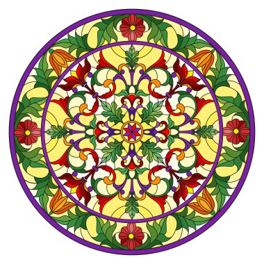 Renkli cam tarzında resim, çiçek süsleri ve girdaplı yuvarlak ayna görüntüsü, sarı arkaplanda parlak çiçekler.