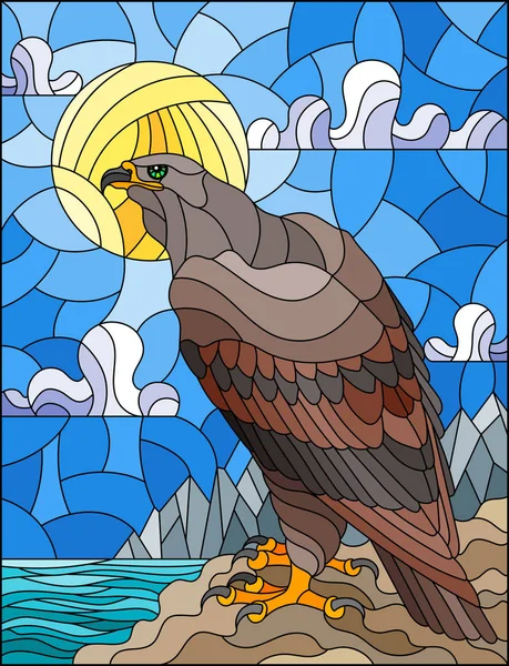 彩色玻璃风格与抽象的鹰在景观背景与山脉 海和天空插图 — 图库矢量图片