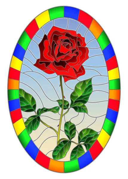 Ilustrace Vitráže Stylu Květ Růže Pozadí Oblohy Hledáčku Oválný Obraz — Stockový vektor