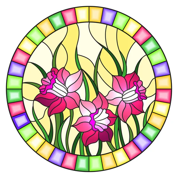 Illustrazione Stile Vetrate Con Bouquet Narcisi Rosa Sfondo Giallo Cornice — Vettoriale Stock