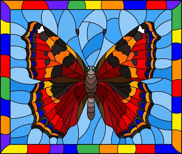 Illustration Style Vitrail Avec Papillon Rouge Vif Sur Fond Bleu — Image vectorielle