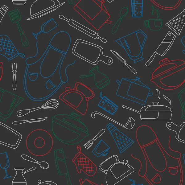 Patrón Sin Costuras Tema Cocina Utensilios Cocina Iconos Contorno Simple — Vector de stock