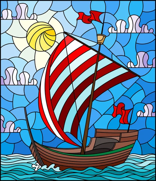 Illustration Stained Glass Style Antique Ship Striped Red Sail Sea — Stock Vector