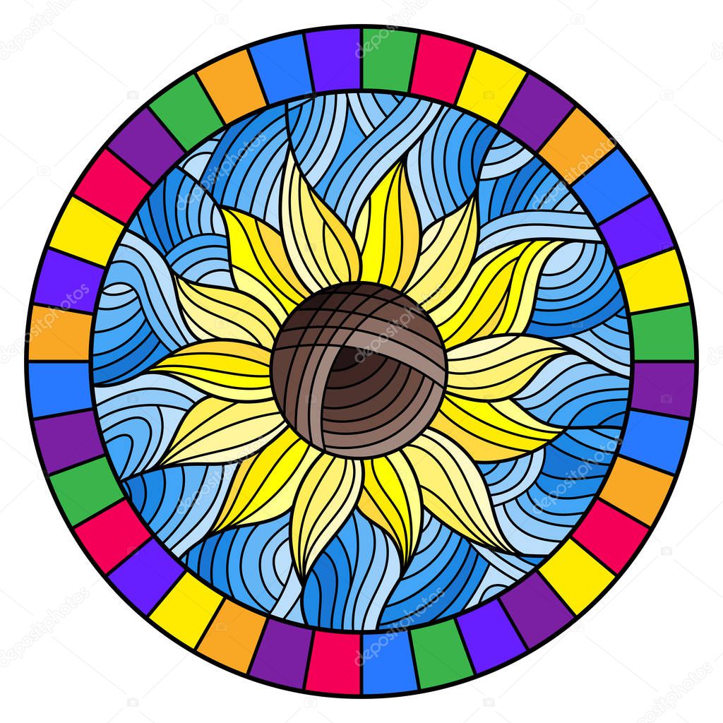 Illustration in stained glass style with bright orange abstract flower on blue  wavy background, round image in bright frame 