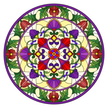 Renkli cam tarzında resim, çiçek süsleri ve girdaplı yuvarlak ayna görüntüsü, sarı arkaplanda parlak çiçekler.