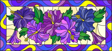 İllüstrasyon soyut mor çiçekler ve yapraklar sarı arka planda parlak çerçeve, yatay yönlendirme ile vitray tarzında