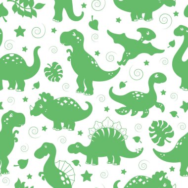 Dinozorlar ve yaprakları ile Seamless modeli, yeşil simgeler beyaz bir arka plan üzerinde siluetleri 