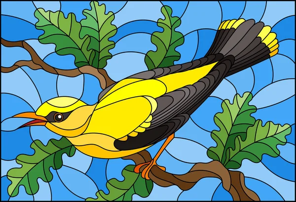 Ilustración Estilo Vidrieras Con Hermoso Pájaro Amarillo Sobre Fondo Rama — Vector de stock