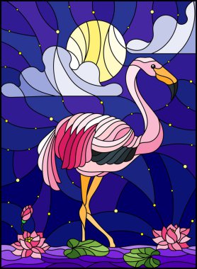 Flamingo, Lotus çiçek ve sazlık moon, yıldızlı gökyüzü ve bulut bir su birikintisi üzerinde stiliyle vitray çizimde