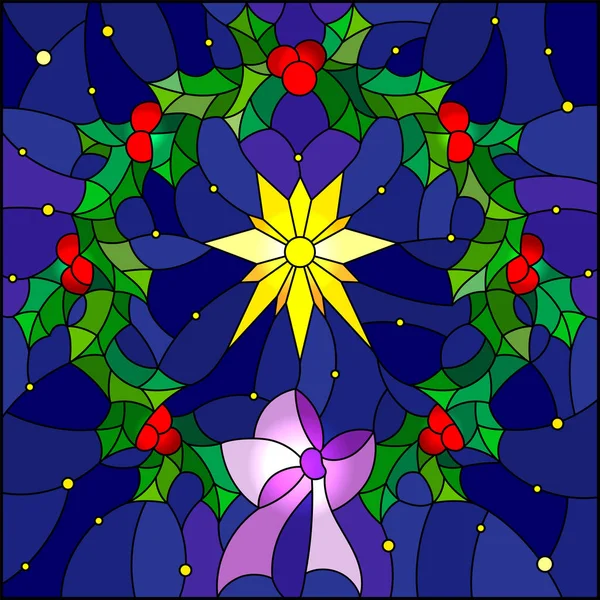 Illustration Glasmalerei Stil Kranz Stechpalme Und Weihnachtsstern Auf Blauem Sternenhimmel — Stockvektor