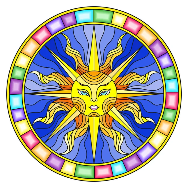 Illustration Style Stained Glass Window Abstract Sun Bright Frame Image — Stock Vector