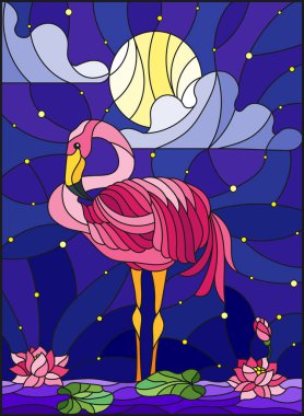 Flamingo, Lotus çiçek ve sazlık moon, yıldızlı gökyüzü ve bulut bir su birikintisi üzerinde stiliyle vitray çizimde
