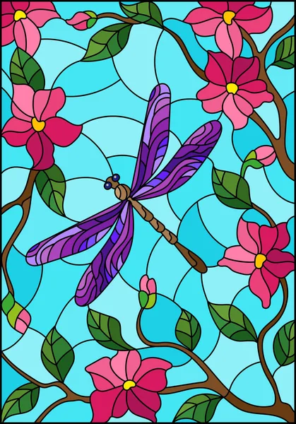 葉とピンクの花と明るい紫トンボとステンド グラス風イラスト — ストックベクタ