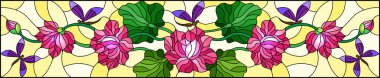 Lotus yaprak ve çiçek, pembe çiçekler ve sarı arka plan, yatay görüntü üzerinde mor yusufçuk vitray stiliyle çizimde