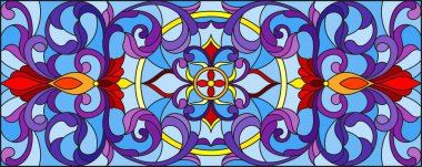 Vitray stil soyut çiçekli resimde bırakır ve mavi arka plan, yatay yönlendirme bukleler