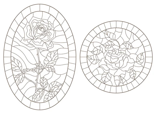 Conjunto Ilustraciones Contorno Vidrieras Con Roses Marcos Contornos Oscuros Sobre — Vector de stock