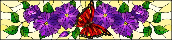 Ilustração Estilo Vitral Com Flores Roxas Encaracoladas Abstratas Borboleta Vermelha — Vetor de Stock