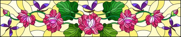 例证在彩色玻璃样式与莲花叶子和花 粉红色的花和紫色蜻蜓在黄色背景 水平图象 — 图库矢量图片