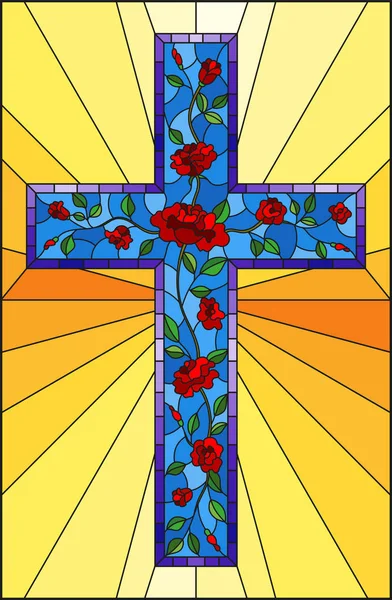 Illustration Glasmalereistil Mit Blauem Christenkreuz Mit Roten Rosen Auf Gelbem — Stockvektor