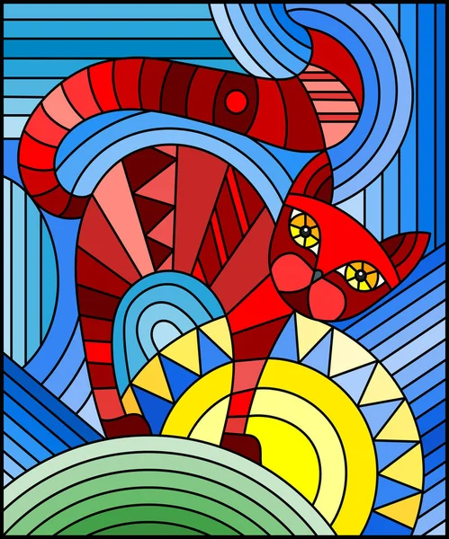 Иллюстрация Витражном Стиле Абстрактной Красной Геометрической Кошкой Синем Фоне — стоковый вектор