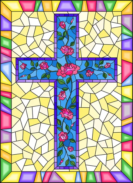Ілюстрація Стилі Вітраж Християнського Хреста Прикрашені Троянди Рожеві Синьому Фоні — стоковий вектор