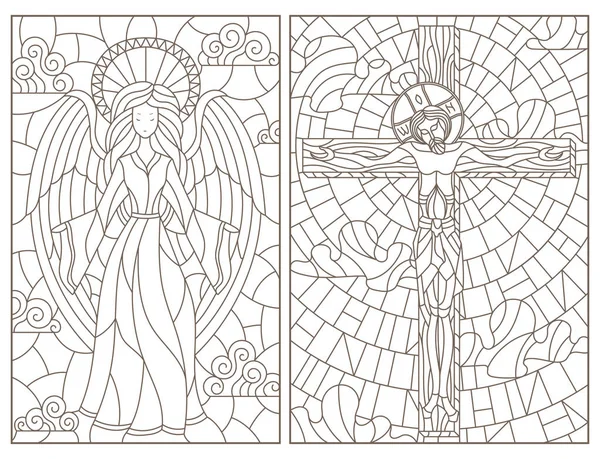 宗教的なテーマ イエス キリスト 白い背景に暗い輪郭ステンド グラス窓の輪郭のイラストのセット — ストックベクタ