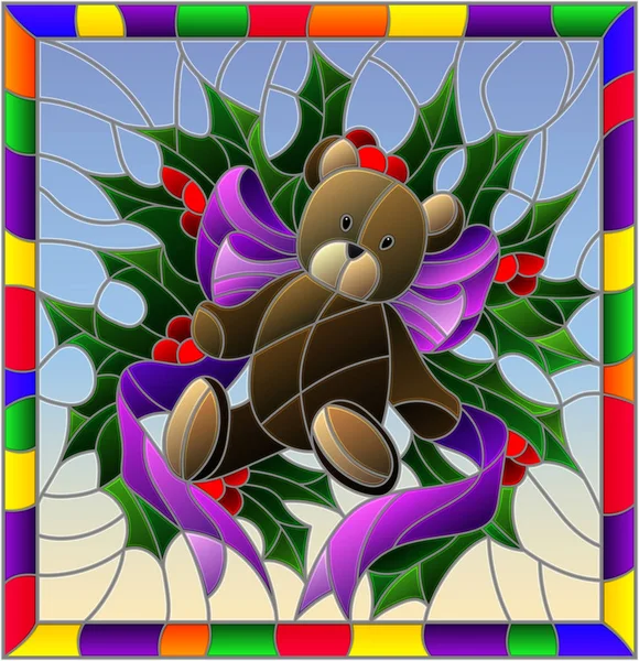 Иллюстрация Витражном Стиле Новому Году Рождеству Плюшевый Мишка Ветки Холли — стоковый вектор
