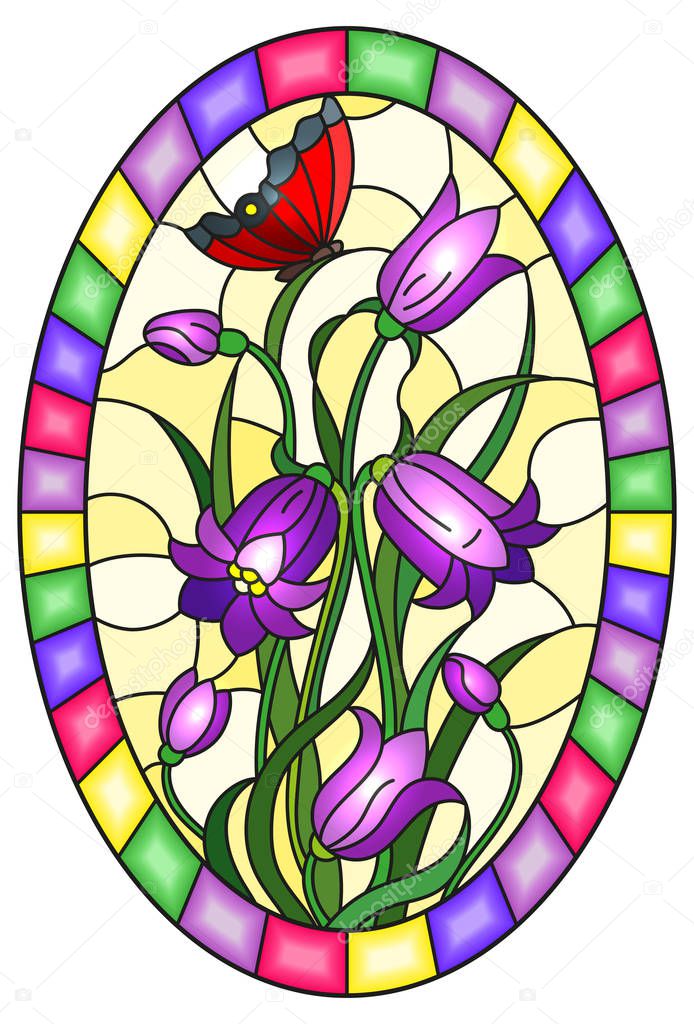 Illustration in stained glass style with leaves and bells flowers, purple flowers and red  butterfly on yellow background in a bright frame  , oval image 