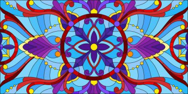 Vitray stil soyut çiçekli resimde bırakır ve mavi arka plan, yatay yönlendirme bukleler