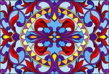 Vitray stil soyut çiçekli resimde bırakır ve mavi arka plan, yatay yönlendirme bukleler