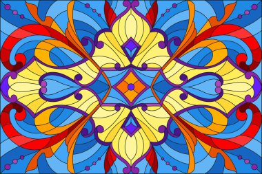 Vitray stil soyut çiçekli resimde bırakır ve mavi arka plan, yatay yönlendirme bukleler