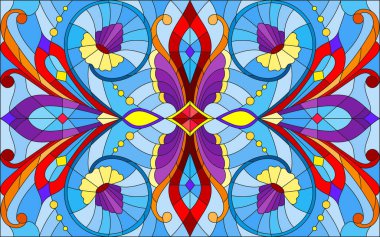 Vitray stil soyut çiçekli resimde bırakır ve mavi arka plan, yatay yönlendirme bukleler