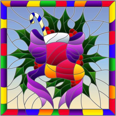 Vitray stil çizimde yeni yıl ve Noel, hediyeler ve tatlılar, Holly dalları ve parlak bir çerçeve içinde mavi bir arka plan şeritler ile çorap için