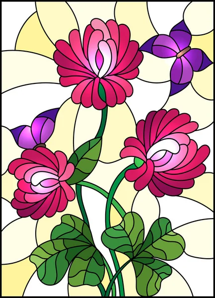 Illustration Vitrail Avec Bouquet Trèfle Rose Papillons Violets Sur Fond — Image vectorielle