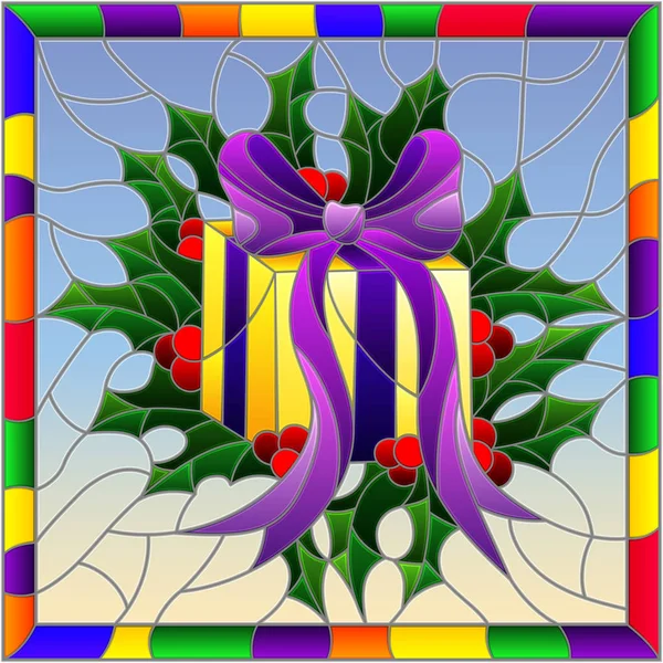Ilustrace Vitráže Stylu Pro Nový Rok Vánoce Dárkové Krabice Holly — Stockový vektor