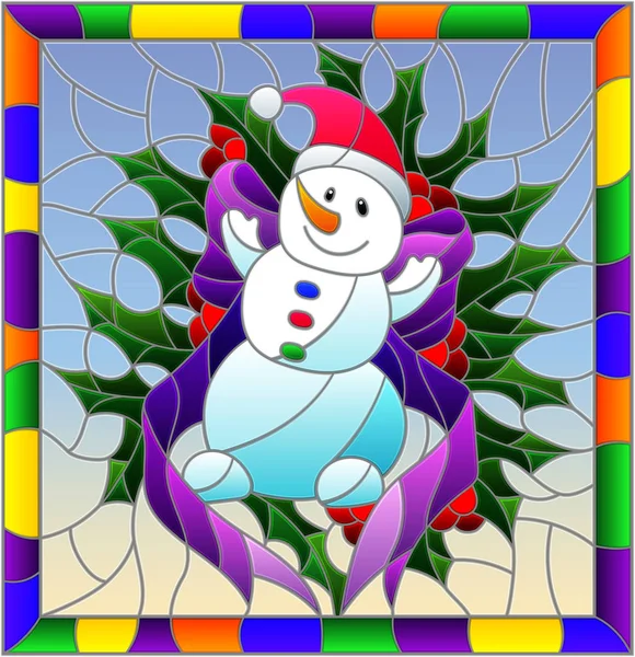 Ілюстрація Вітражному Стилі Новий Рік Різдво Сніговик Гілки Холлі Стрічки — стоковий вектор